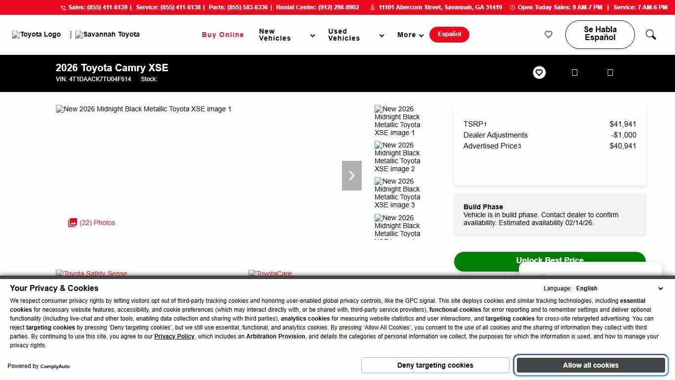 New 2026 Toyota Camry XSE For Sale Savannah GA #